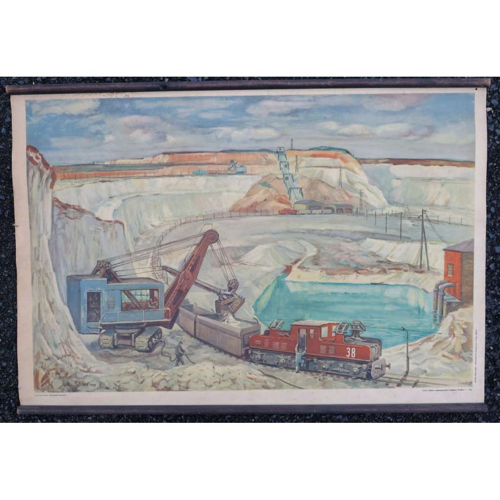Dobývání kaolinu - důl, těžba, továrna - školní plakát (lokomotiva, železnice, mašina, jeřáb) výukový obraz