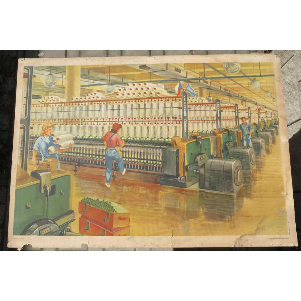 Přádelna, textilní továrna - školní plakát, výukový obraz - textil, látky, průmysl - V přádelně