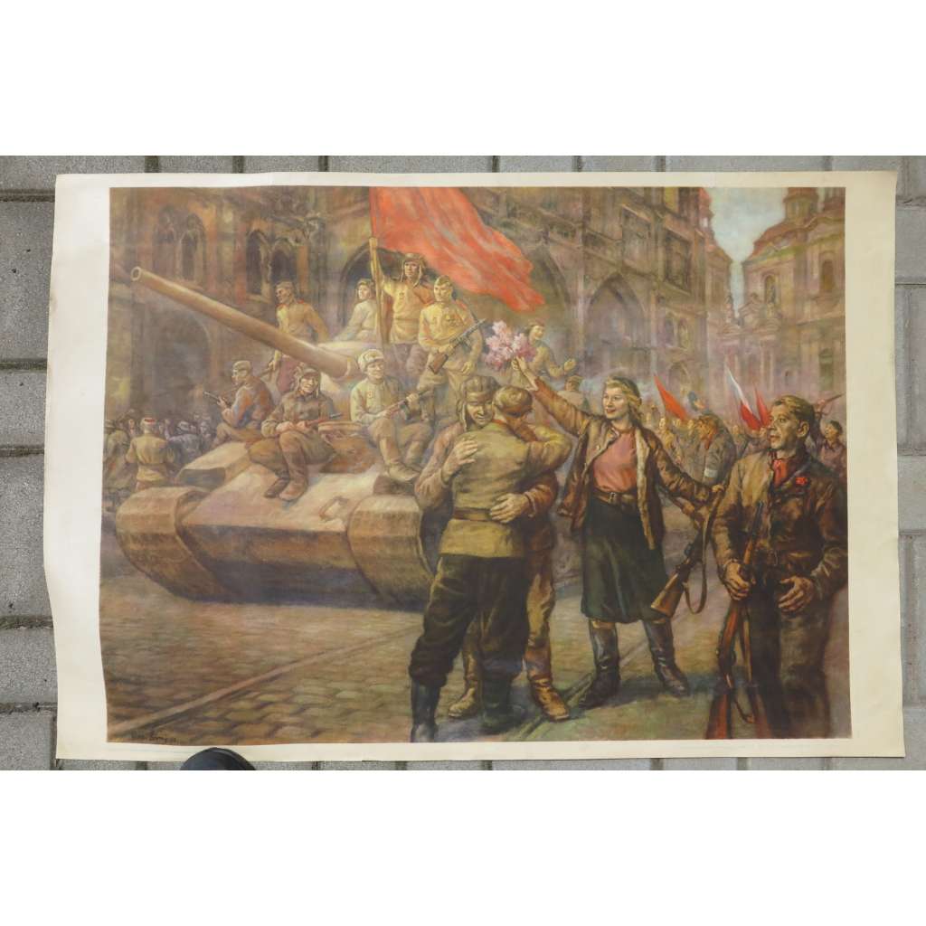 Tank, Praha květen 1945 - Květnové povstání, osvobození, Vítání sovětské armády na Staroměstském náměstí - školní plakát, výukový obraz - 2. světová válka