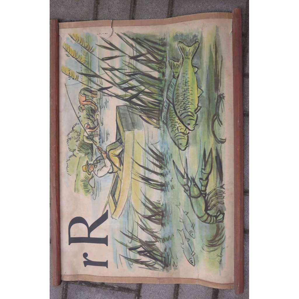 Živá abeceda - písmeno R - ryba rybář - školní plakát