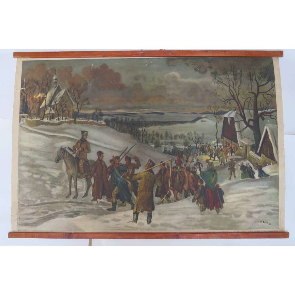 Vzbouření selského lidu před Rtyňskou rychtou - školní plakát - výukový obraz - Rtyně v Podkrkonoší, selské povstání roku 1775, dějepis (pošk.)