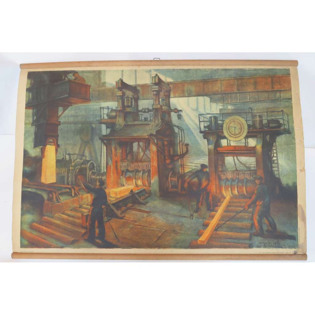 Válcovna plechu, ve válcovně - školní plakát, výukový obraz [továrna, hutě, kov, ocel, železo, výroba kovů, železa, oceli]