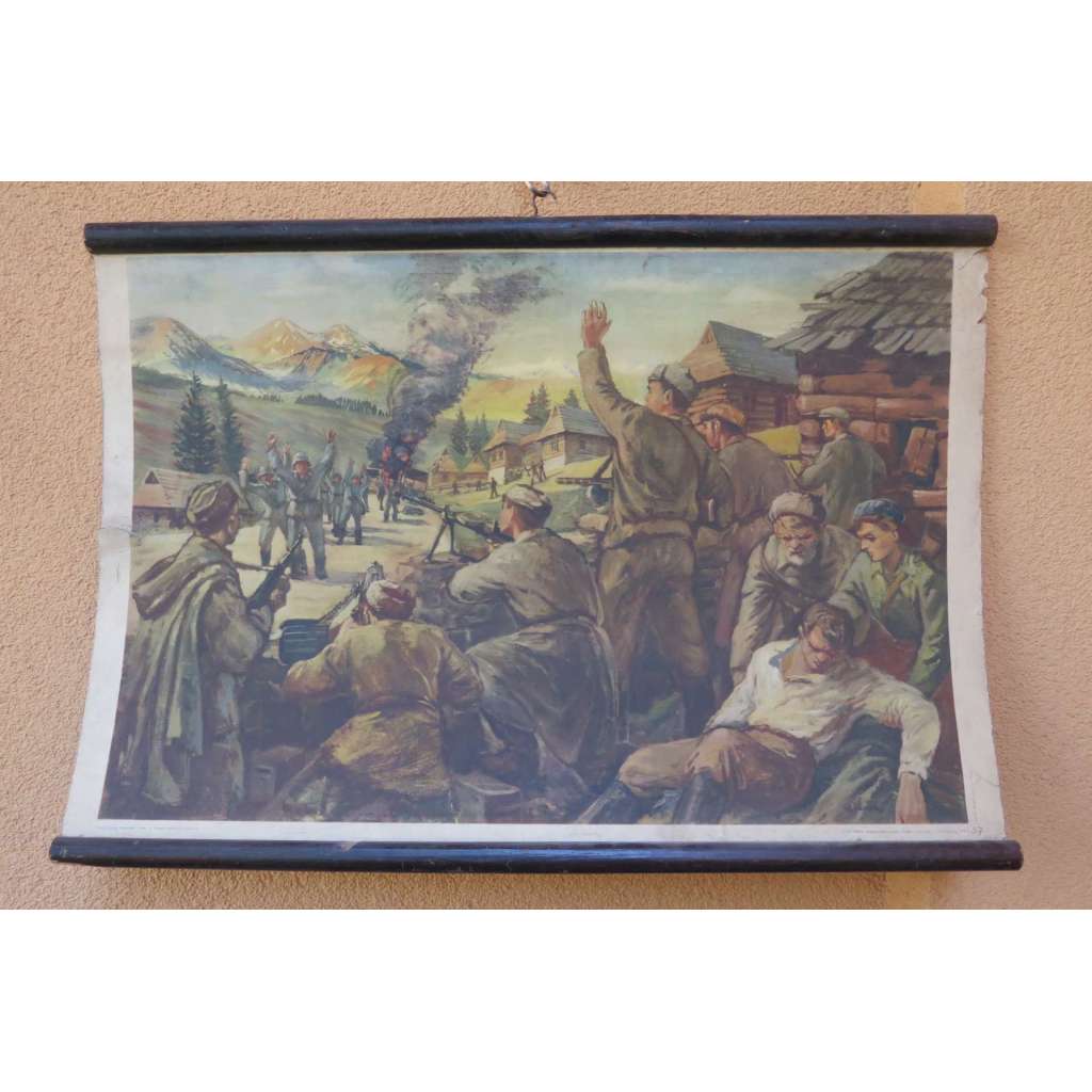 Partyzáni v boji - přepad nepřátelské jednotky - školní plakát, výukový obraz - 2.světová válka, vojáci