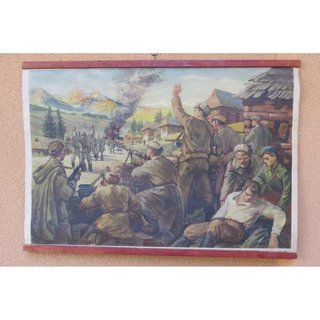 Partyzáni v boji - přepad nepřátelské jednotky - školní plakát, výukový obraz - 2.světová válka, vojáci