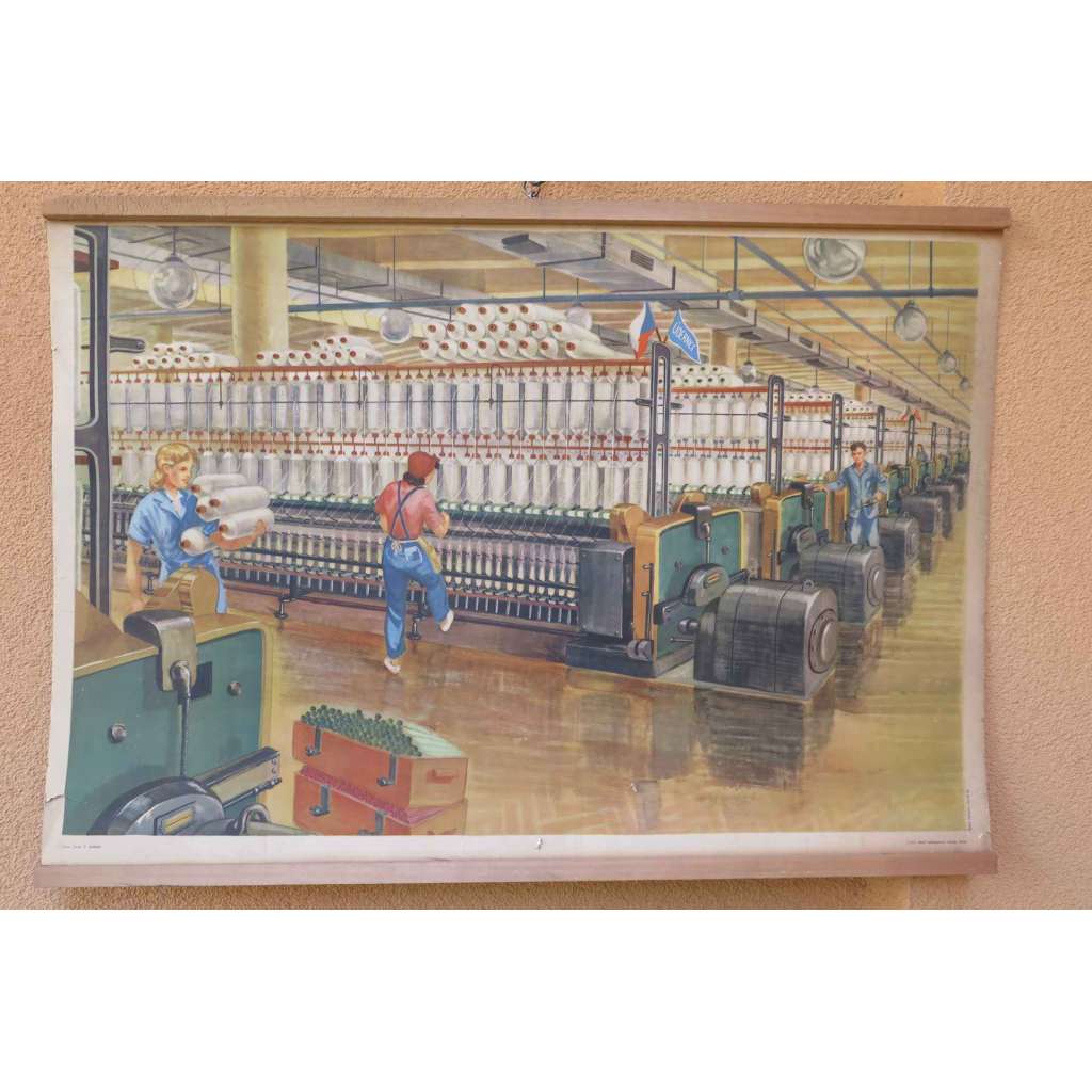 Přádelna, textilní továrna - školní plakát, výukový obraz - textil, látky, průmysl - V přádelně