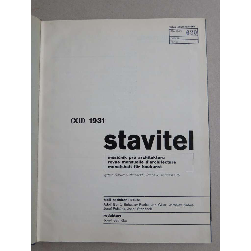Stavitel, měsíčník pro architekturu, ročník XII., 1931 (časopis, moderní architektura)