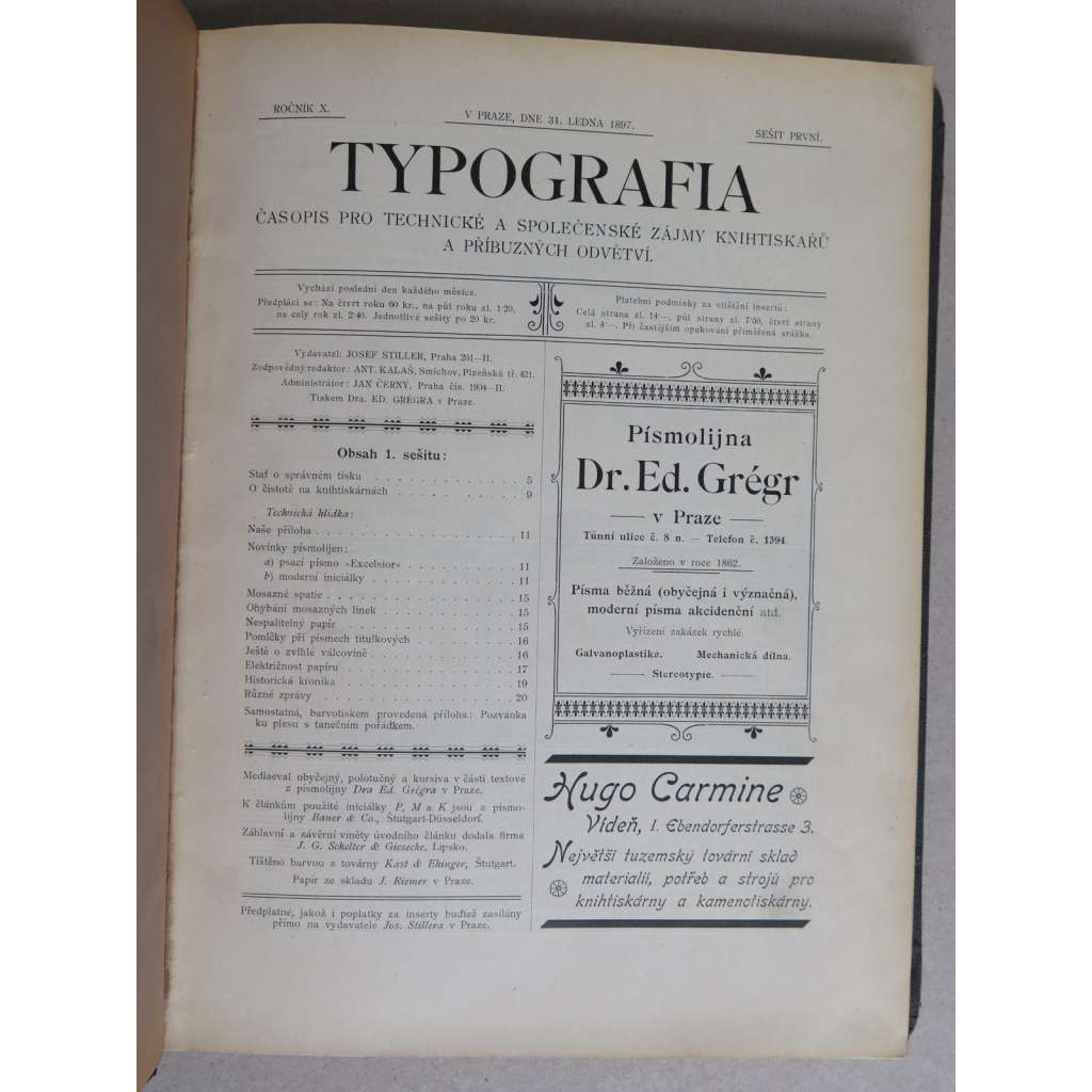 Typografia (+PŘÍLOHY). Ročník X. (10.) - 1897. Časopis - odborný list knihtiskařů