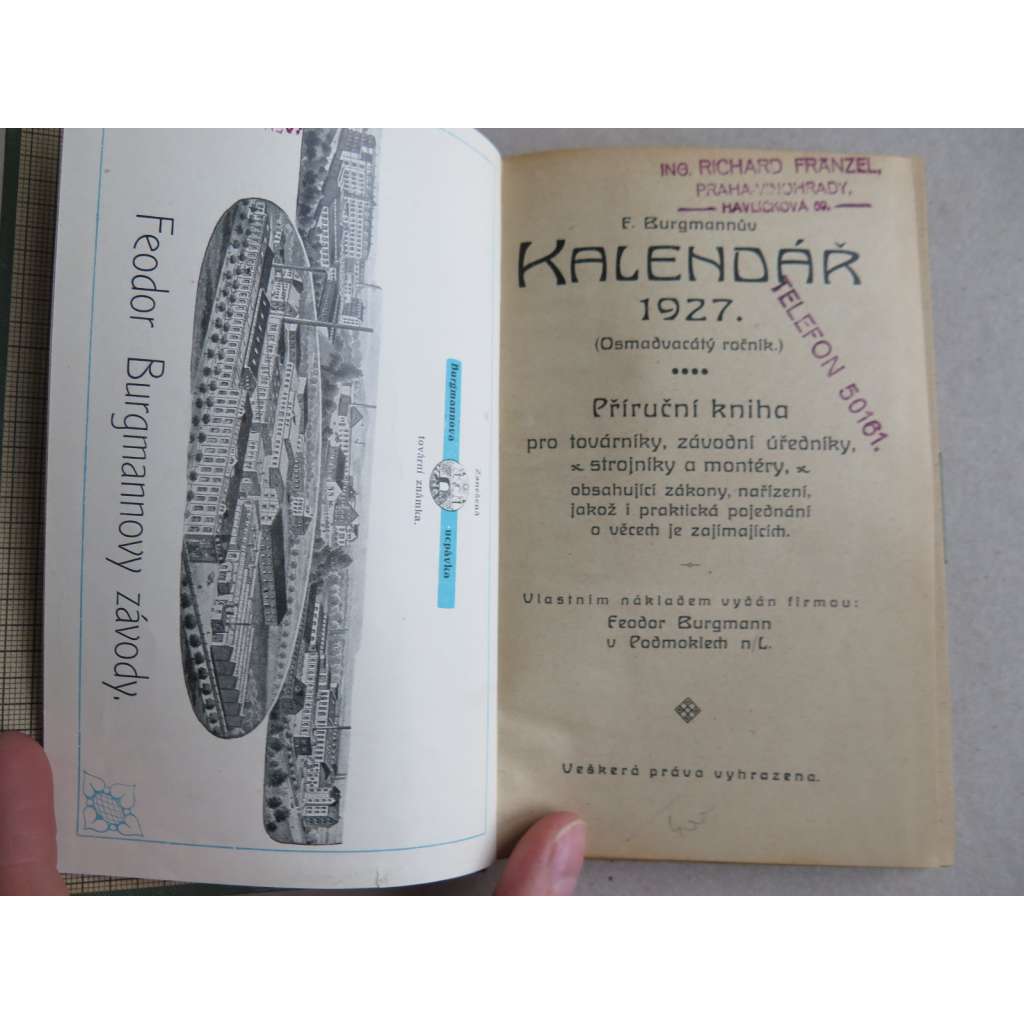 Burgmannův kalendář - Podmokly 1927 - Příruční kniha pro továrníky, závodní úředníky, strojníky a montéry