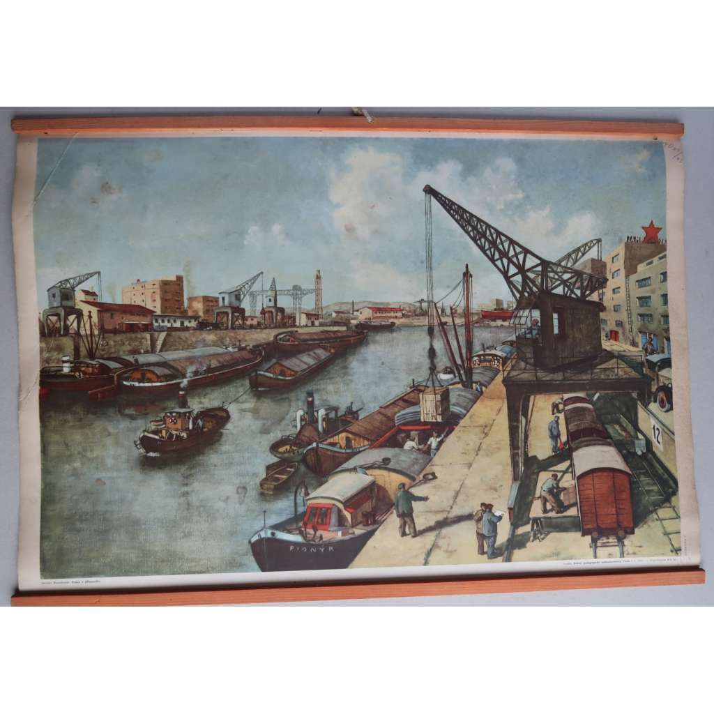 Práce v přístavišti - školní plakát - výukový obraz (snad Praha Karlín ? přístav)