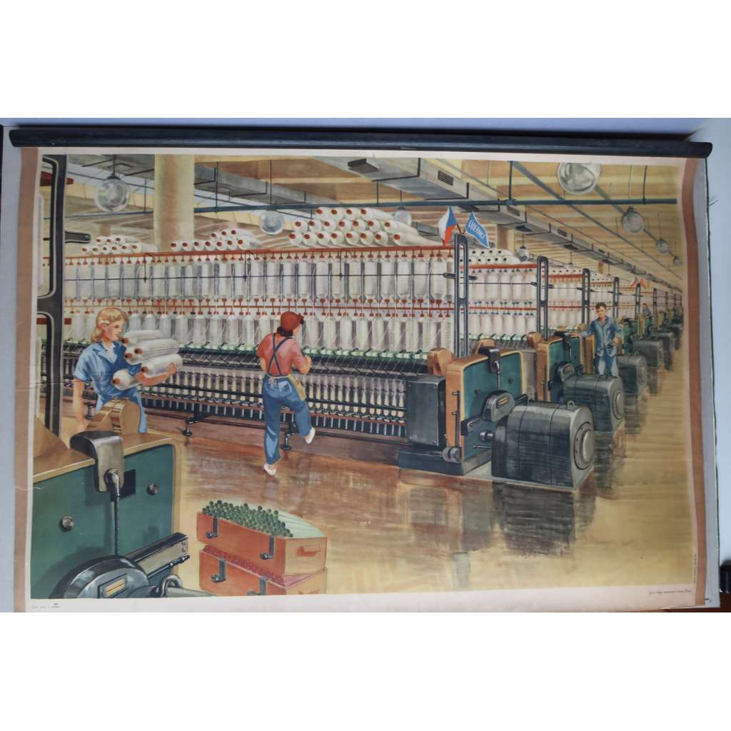 Textilní přádelna - továrna - školní plakát - výukový obraz
