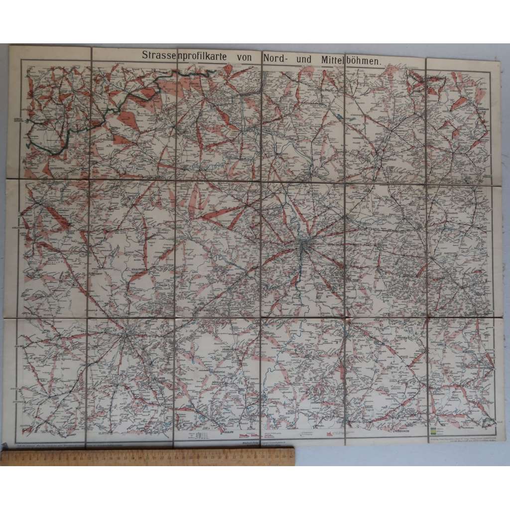 Mapa Severní a střední Čechy - výškový profil silnic, železnice - Strassenprofilkarte von Nord- und Mittelbohmen