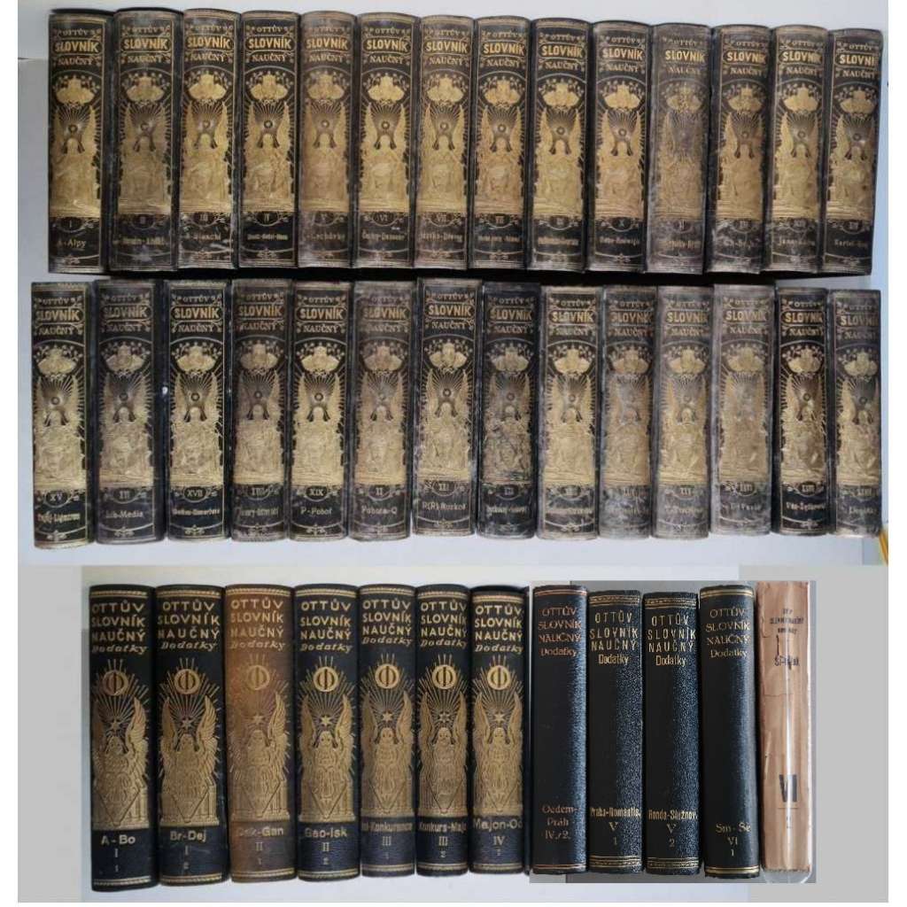 OTTŮV SLOVNÍK NAUČNÝ - KOMPLET 40 SVAZKŮ - 28 základní řada + 12 DODATKY - SLEVA - VAZBA KŮŽE - (encyklopedie všech oborů - mj. historie, přírodní vědy, místopis, výkladová hesla)