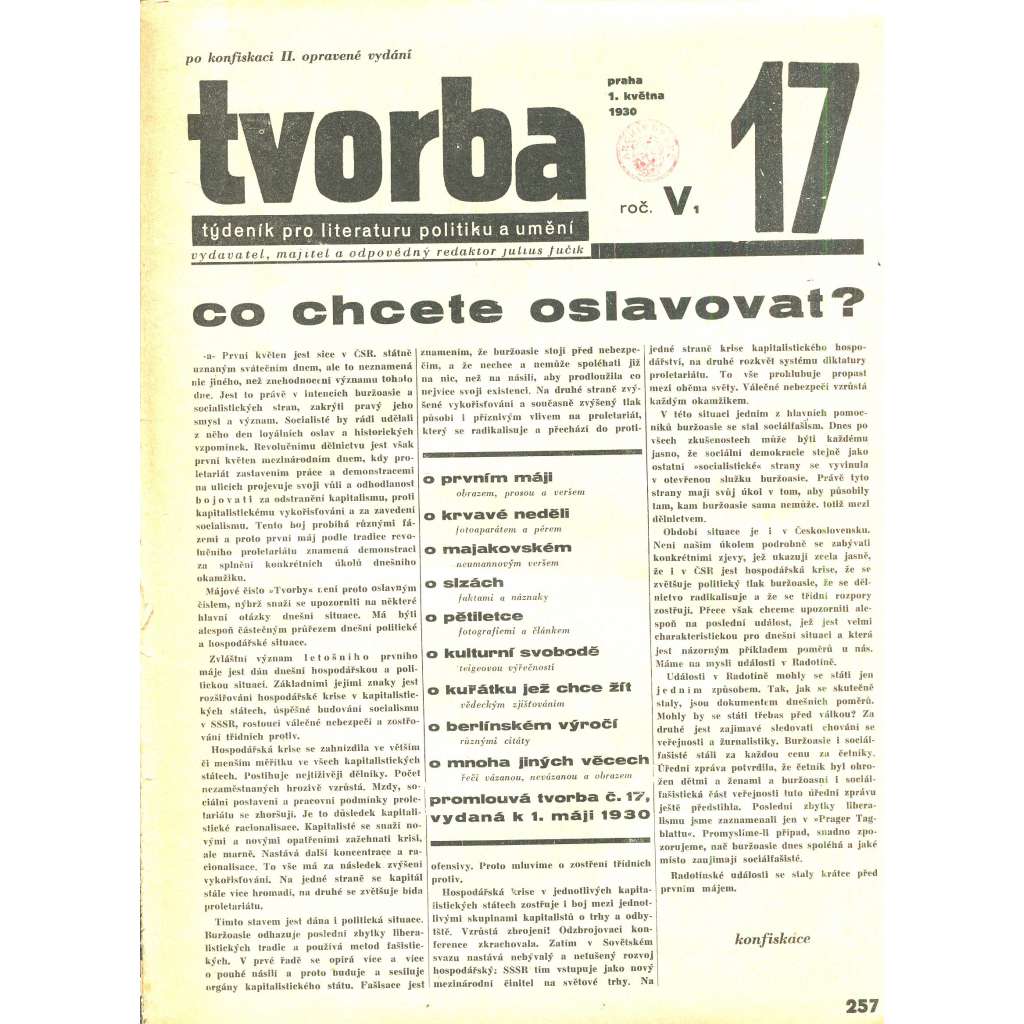 Tvorba, ročník V. (1.5.1930). Týdeník pro literaturu, politiku a umění (časopis)