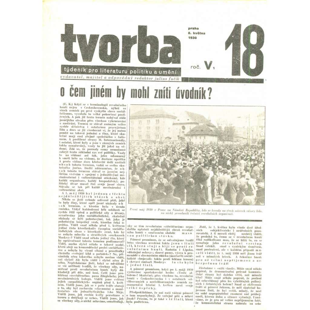 Tvorba, ročník V. (8.5.1930). Týdeník pro literaturu, politiku a umění (časopis)