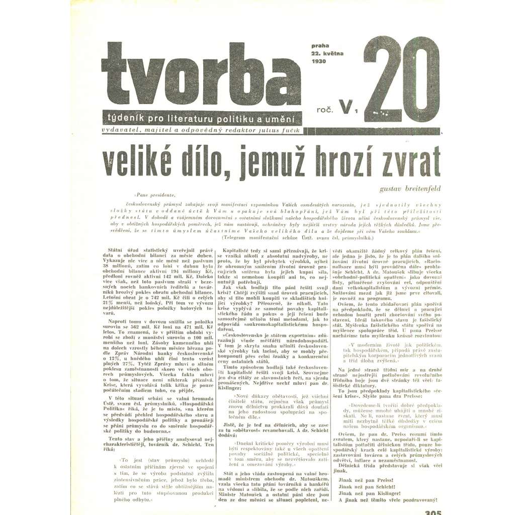 Tvorba, ročník V. (22.5.1930). Týdeník pro literaturu, politiku a umění (časopis)