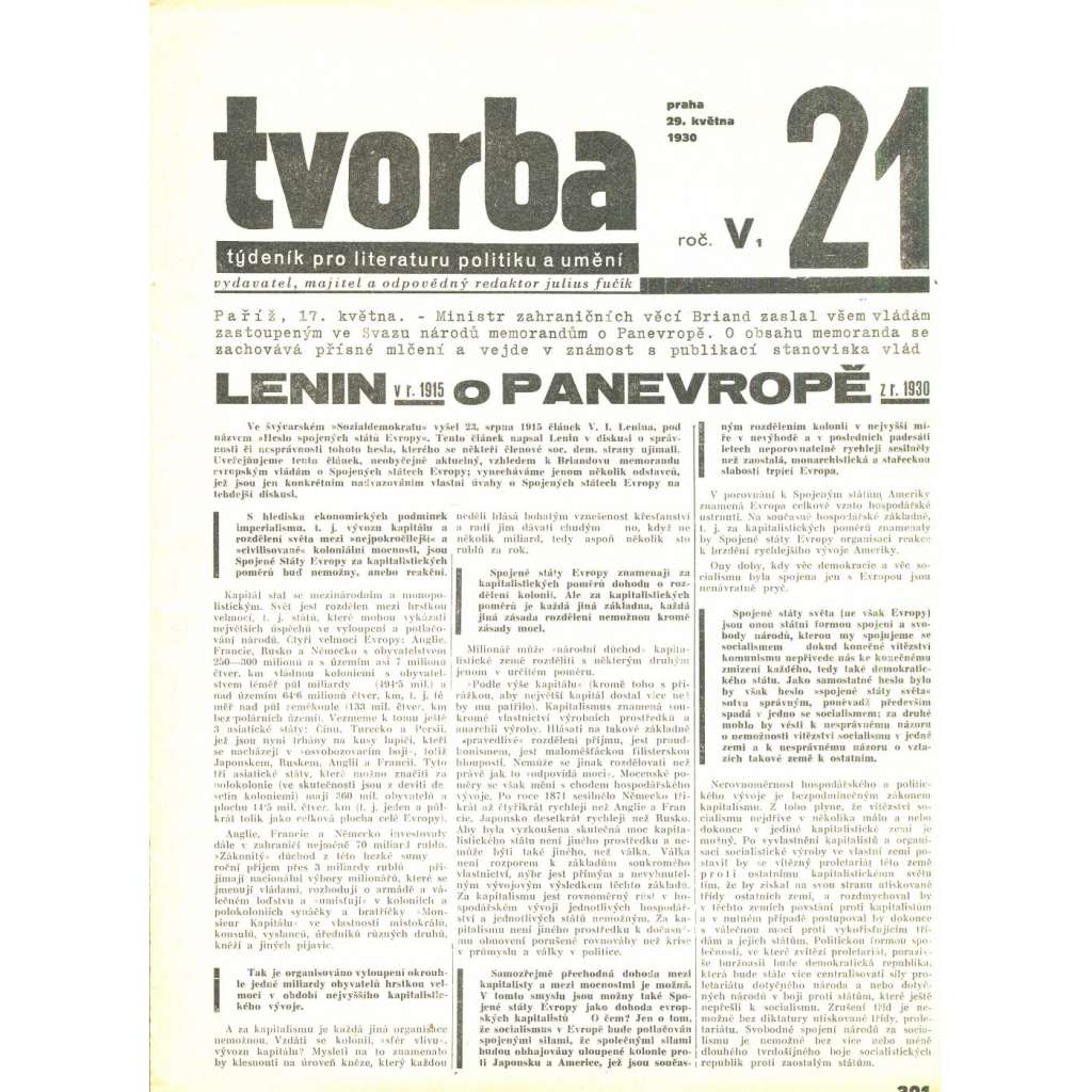 Tvorba, ročník V. (29.5.1930). Týdeník pro literaturu, politiku a umění (časopis)