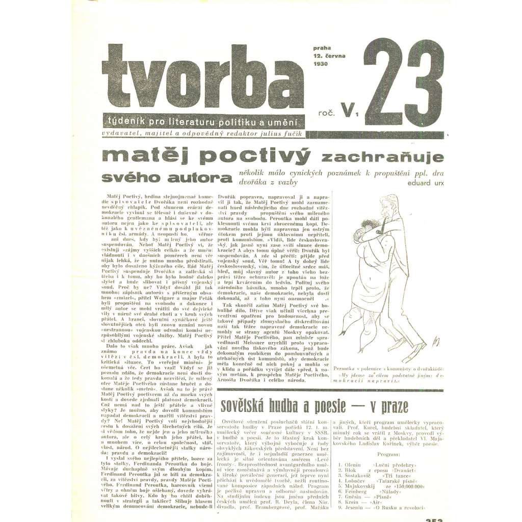 Tvorba, ročník V. (12.6.1930). Týdeník pro literaturu, politiku a umění (časopis)