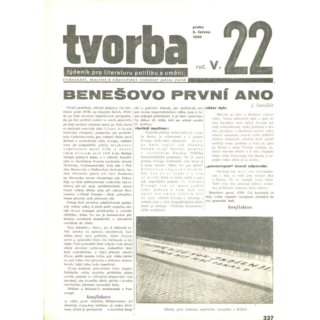 Tvorba, ročník V. (5.6.1930). Týdeník pro literaturu, politiku a umění (časopis)