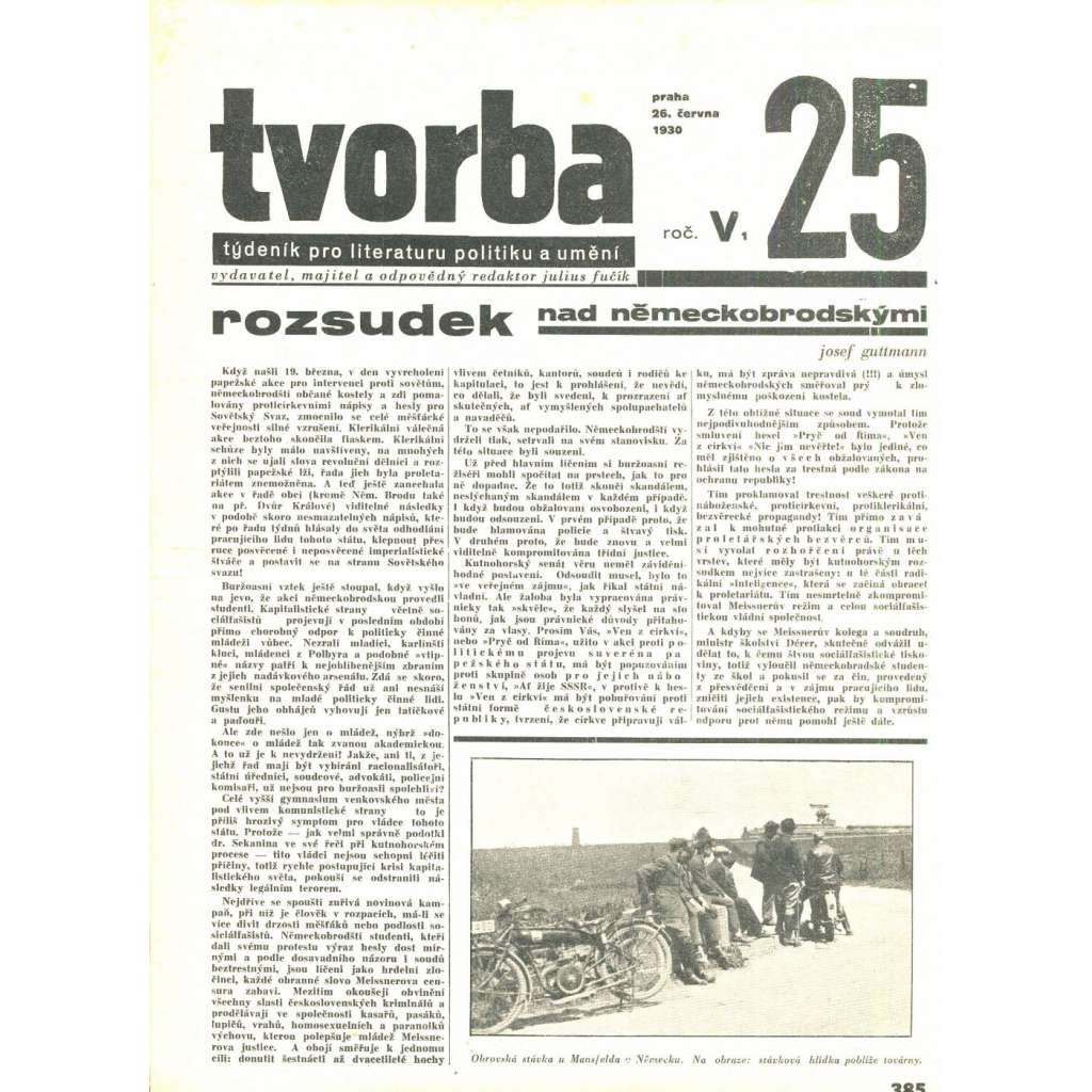 Tvorba, ročník V. (26.6.1930). Týdeník pro literaturu, politiku a umění (časopis)