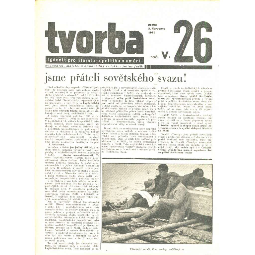 Tvorba, ročník V. (3.7.1930). Týdeník pro literaturu, politiku a umění (časopis)