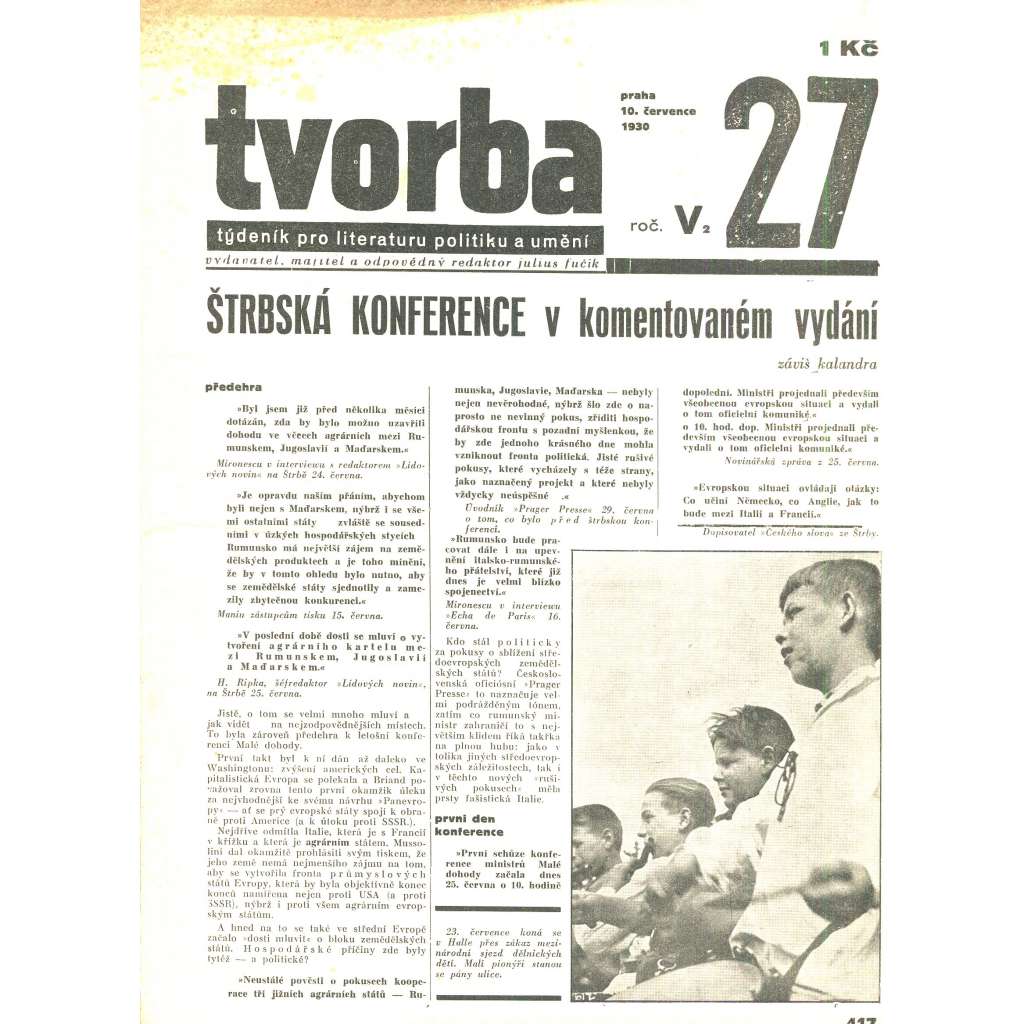 Tvorba, ročník V. (10.7.1930). Týdeník pro literaturu, politiku a umění (časopis)