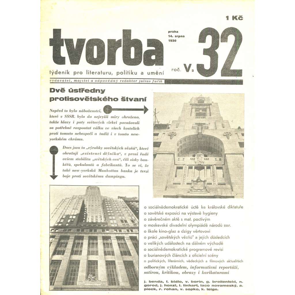 Tvorba, ročník V. (14.8.1930). Týdeník pro literaturu, politiku a umění (časopis)