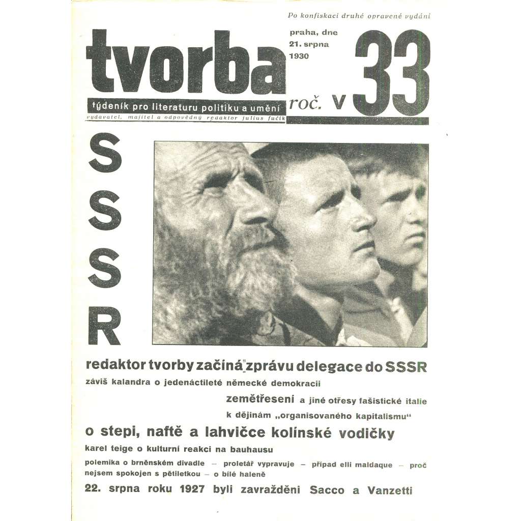 Tvorba, ročník V. (21.8.1930). Týdeník pro literaturu, politiku a umění (časopis)