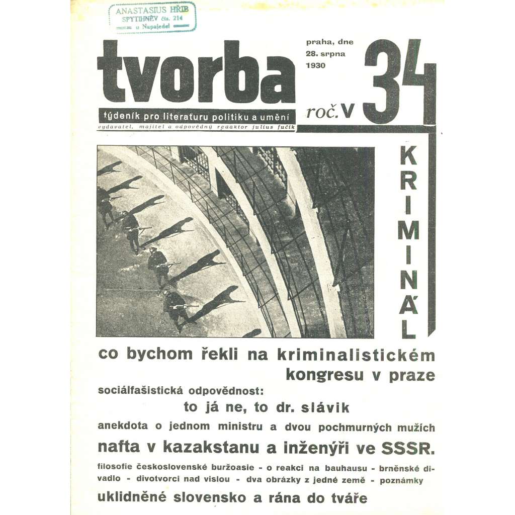 Tvorba, ročník V. (28.8.1930). Týdeník pro literaturu, politiku a umění (časopis)