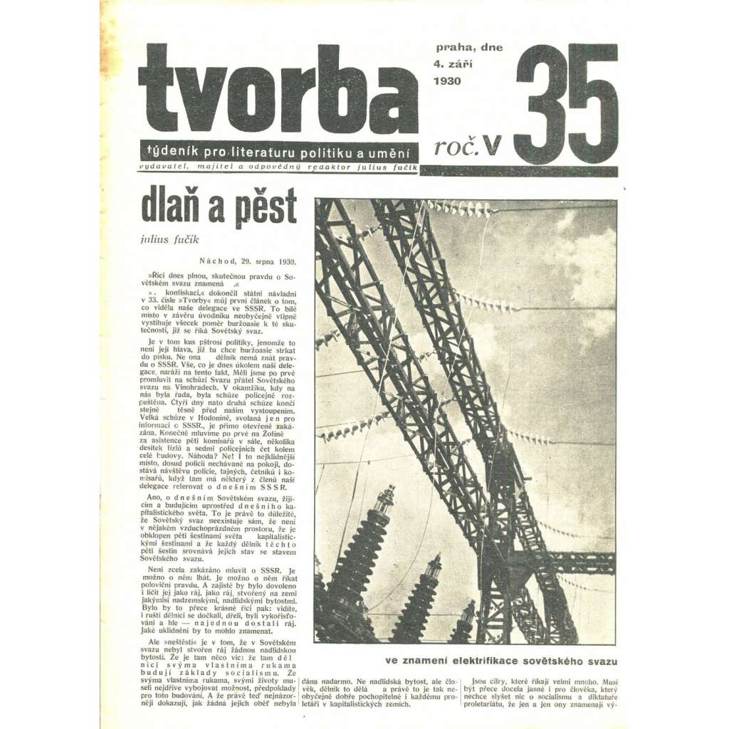 Tvorba, ročník V. (4.9.1930). Týdeník pro literaturu, politiku a umění (časopis)