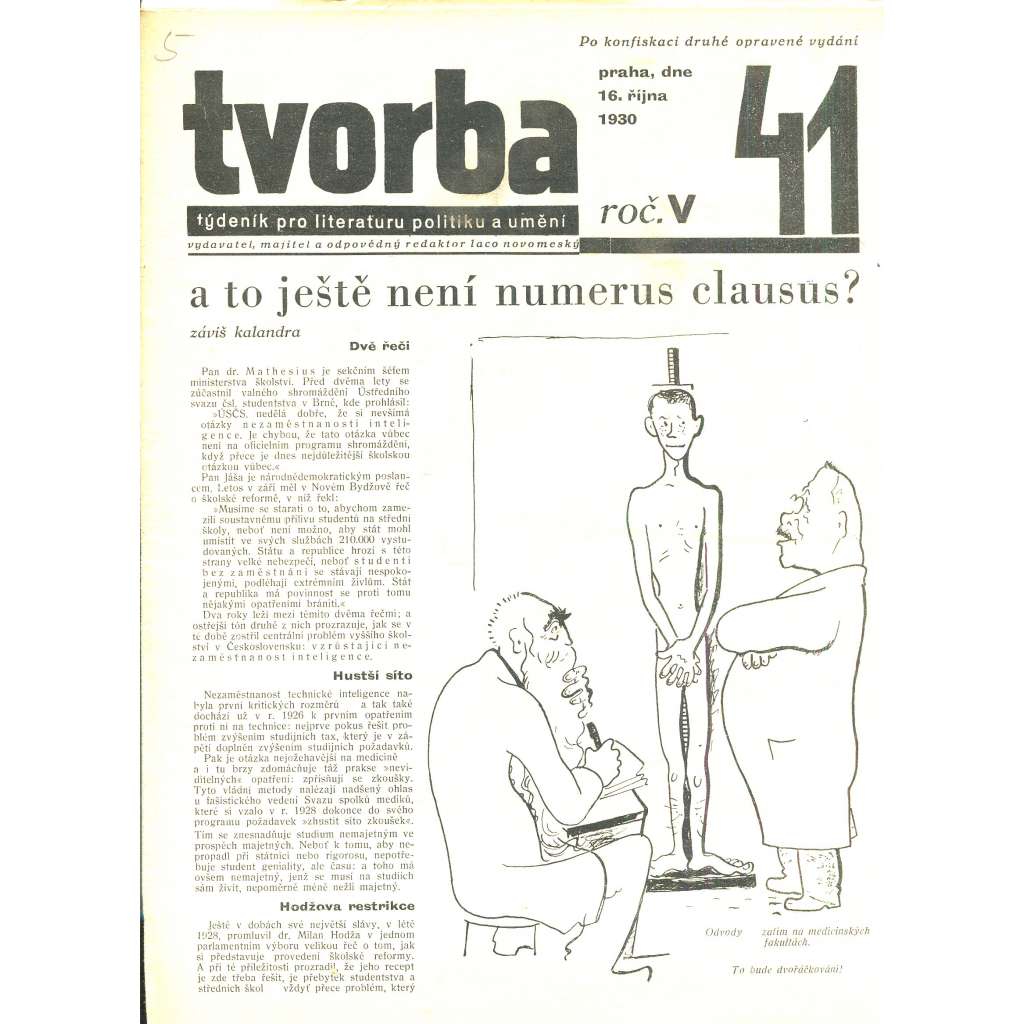 Tvorba, ročník V. (16.10.1930). Týdeník pro literaturu, politiku a umění (časopis)