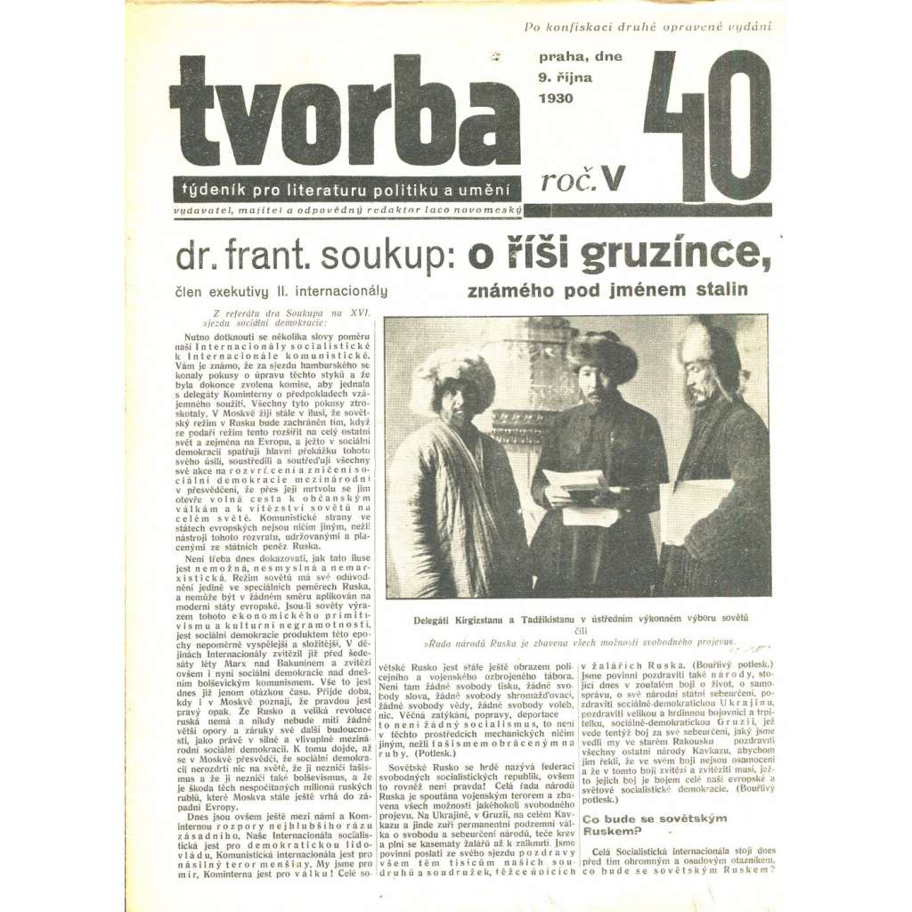 Tvorba, ročník V. (9.10.1930). Týdeník pro literaturu, politiku a umění (časopis)