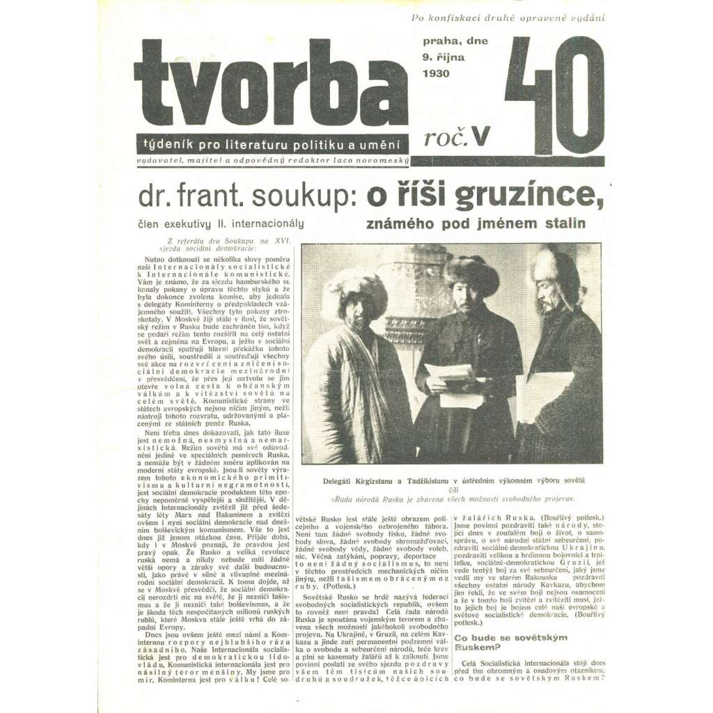Tvorba, ročník V. (9.10.1930). Týdeník pro literaturu, politiku a umění (časopis)