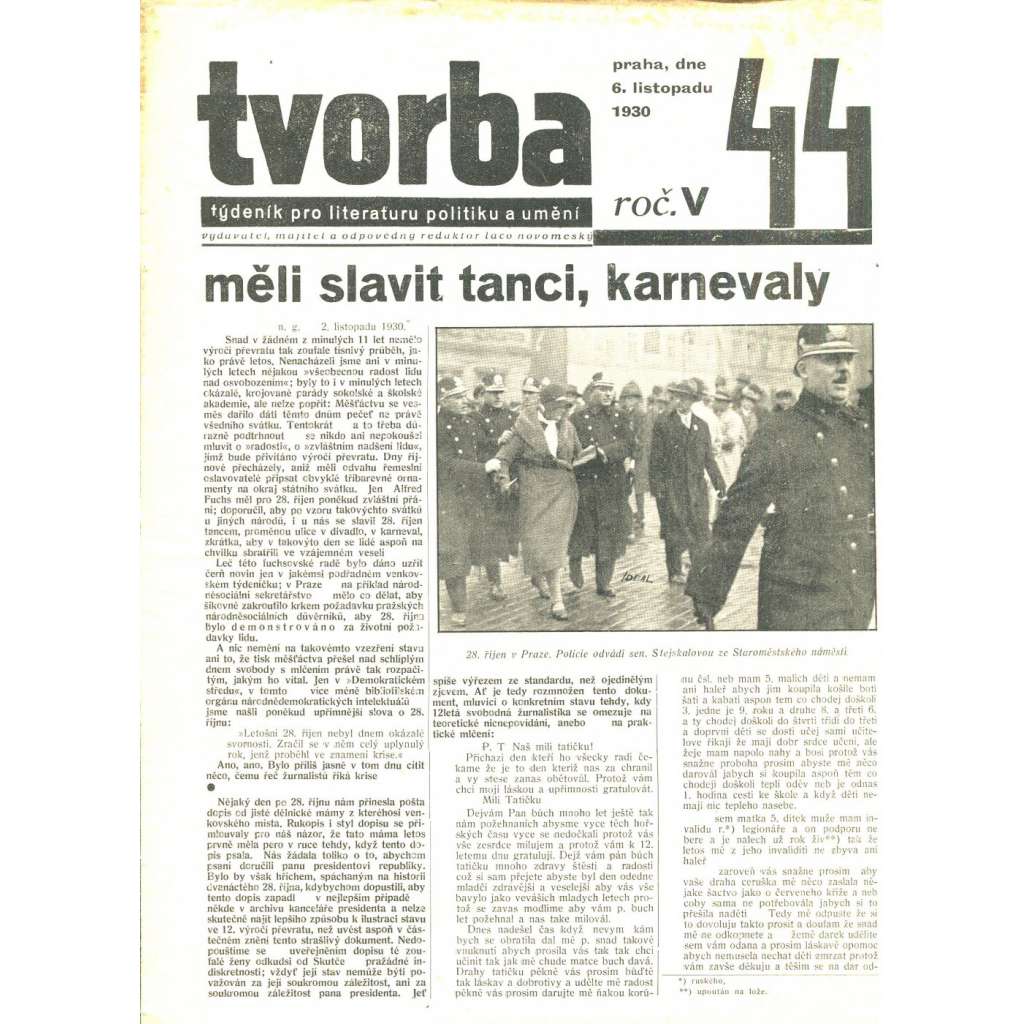 Tvorba, ročník V. (6.11.1930). Týdeník pro literaturu, politiku a umění (časopis)