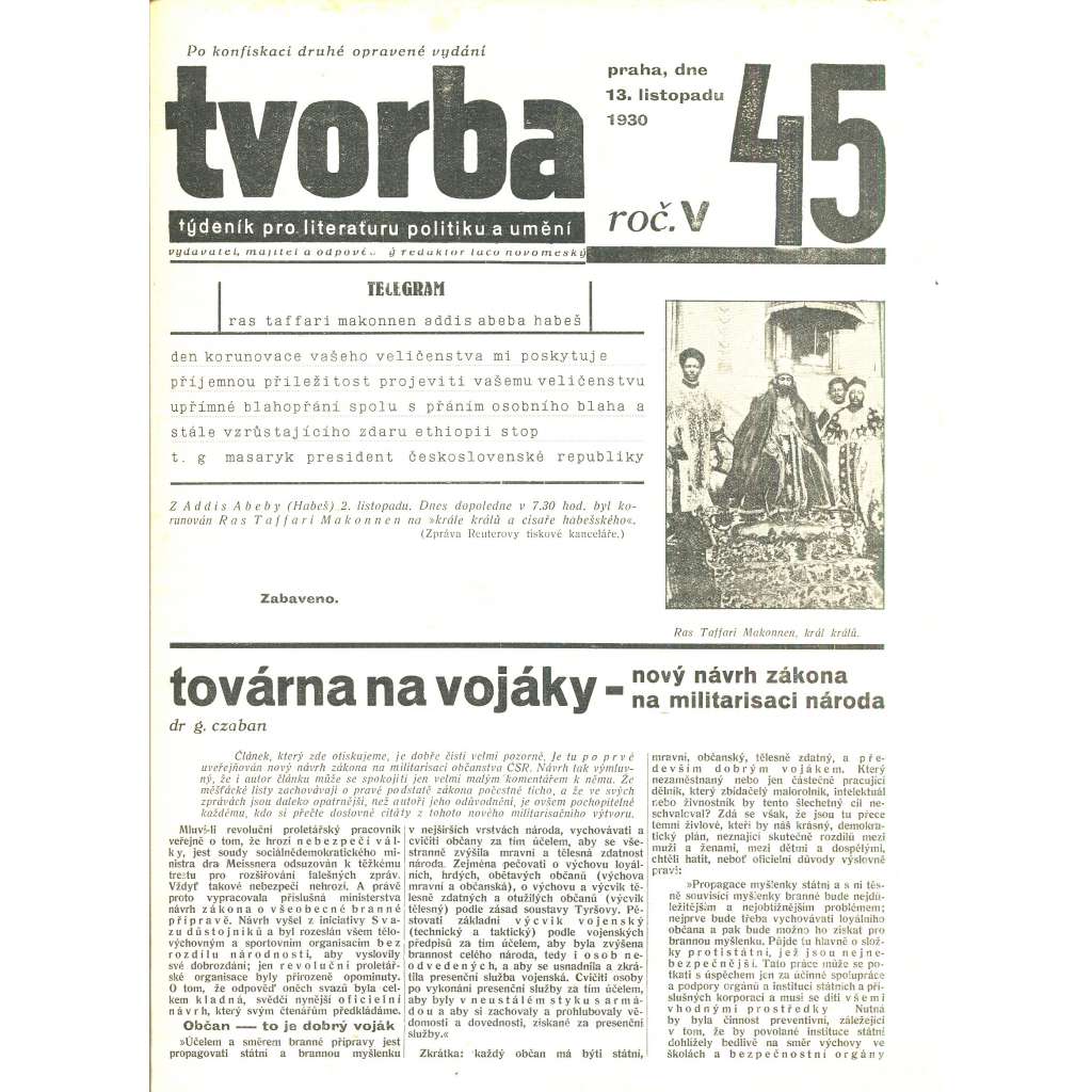 Tvorba, ročník V. (13.11.1930). Týdeník pro literaturu, politiku a umění (časopis)