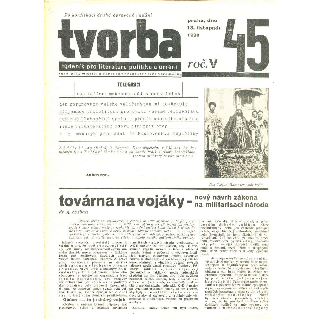 Tvorba, ročník V. (13.11.1930). Týdeník pro literaturu, politiku a umění (časopis)