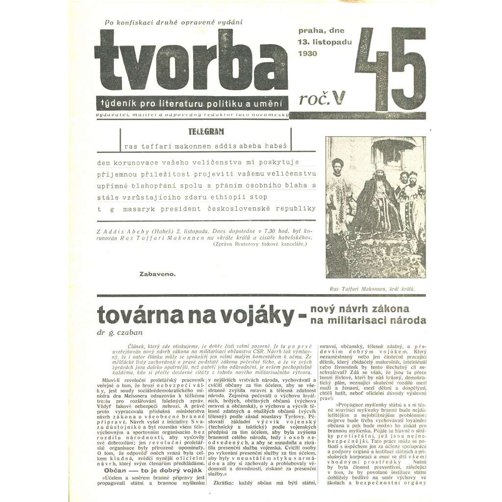 Tvorba, ročník V. (13.11.1930). Týdeník pro literaturu, politiku a umění (časopis)