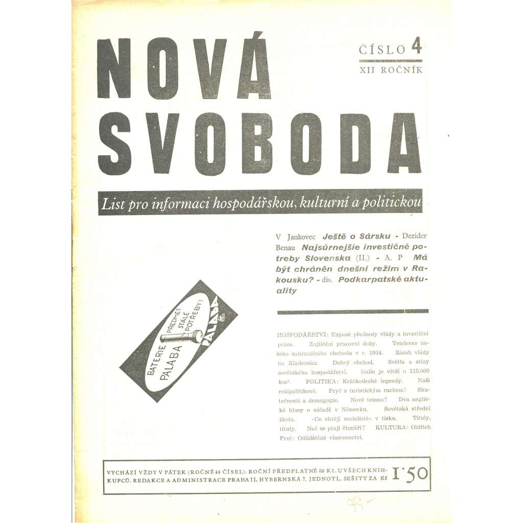 Nová svoboda, ročník XII., číslo 4/1935. List pro informaci hospodářskou, kulturní a politickou