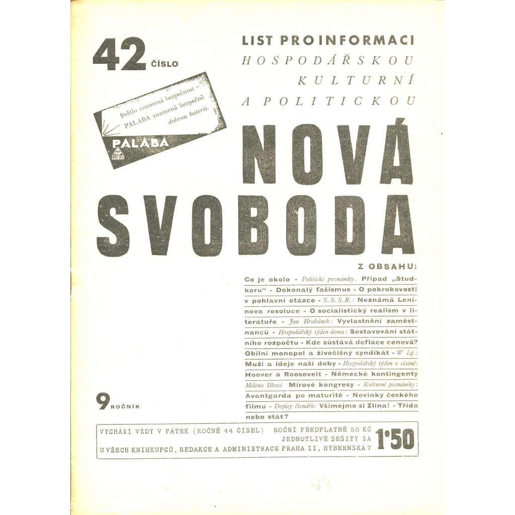 Nová svoboda, ročník 9., číslo 42/1932. List pro informaci hospodářskou, kulturní a politickou