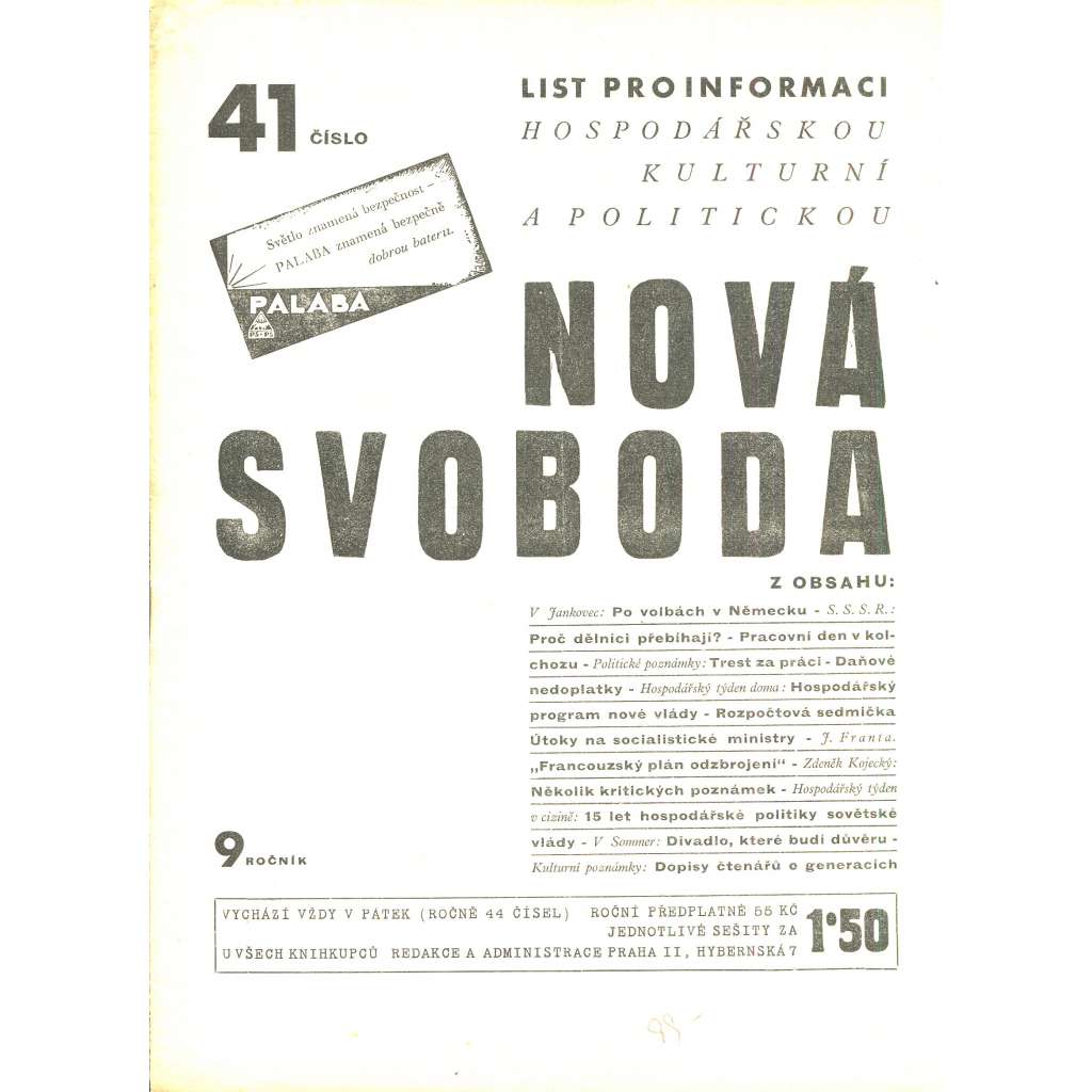 Nová svoboda, ročník 9., číslo 41/1932. List pro informaci hospodářskou, kulturní a politickou