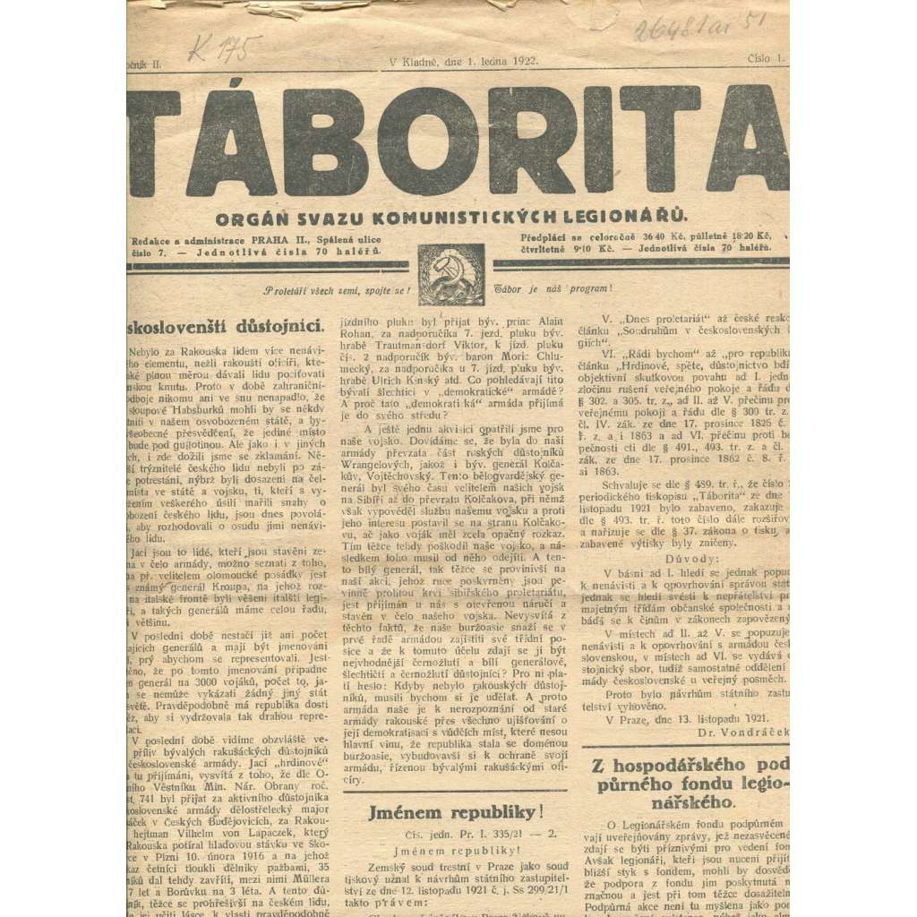 Táborita, ročník II., číslo 1/1922. Orgán svazu komunistických legionářů (noviny)