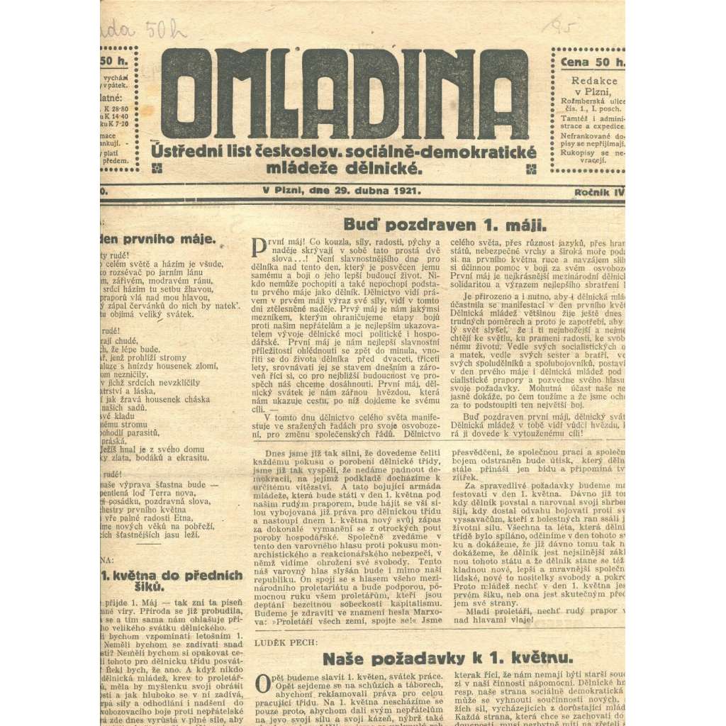 Omladina, ročník IV., číslo 30/1921. Ústřední list československé sociálně-demokratické mládeže dělnické (staré noviny)