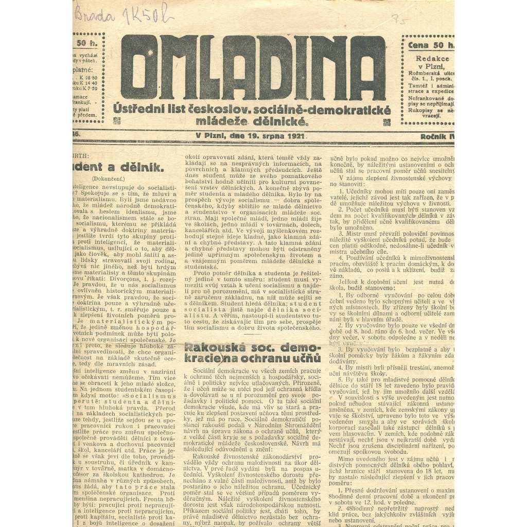 Omladina, ročník IV., číslo 46/1921. Ústřední list československé sociálně-demokratické mládeže dělnické (časopis, staré noviny)