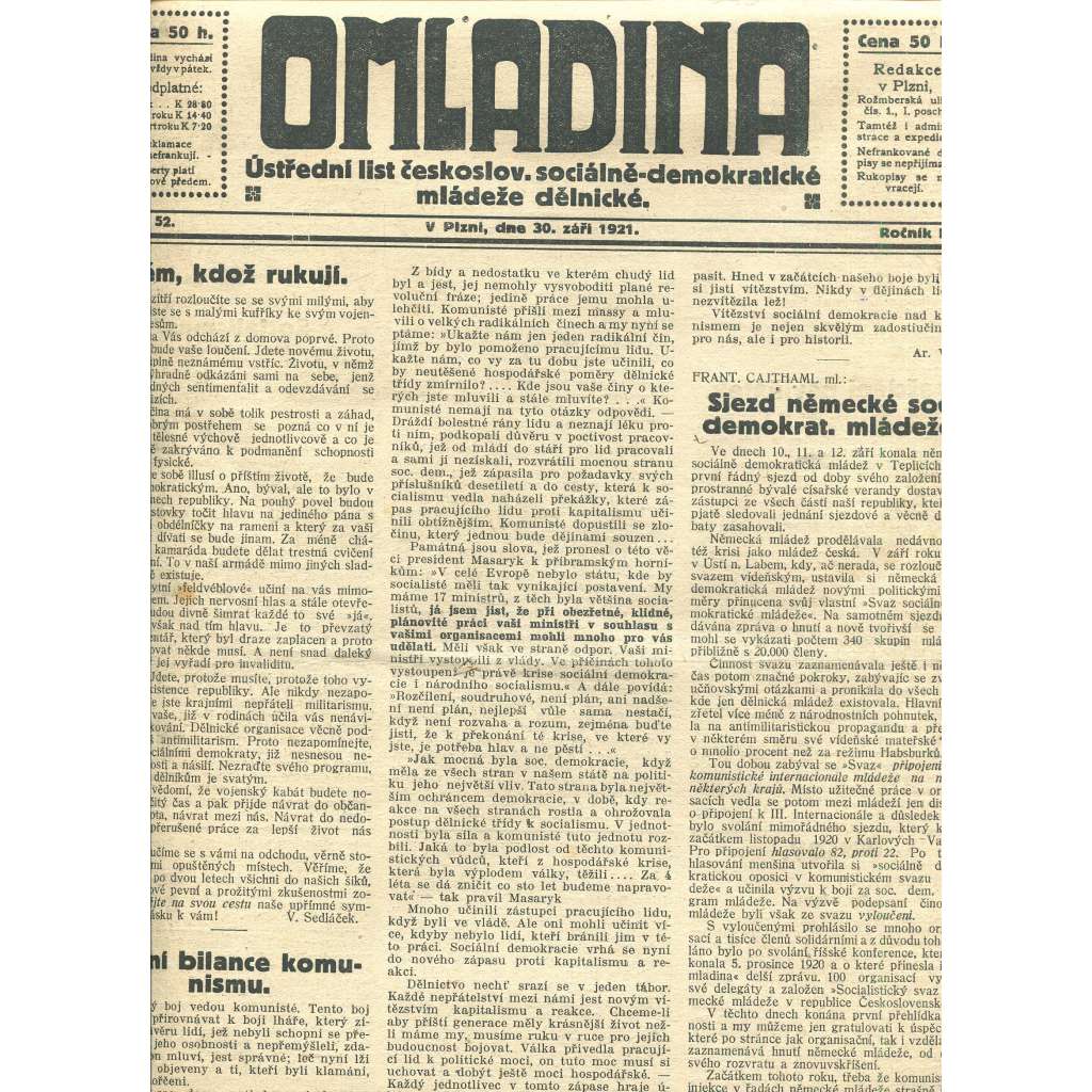 Omladina, ročník IV., číslo 52/1921. Ústřední list československé sociálně-demokratické mládeže dělnické (časopis, staré noviny)