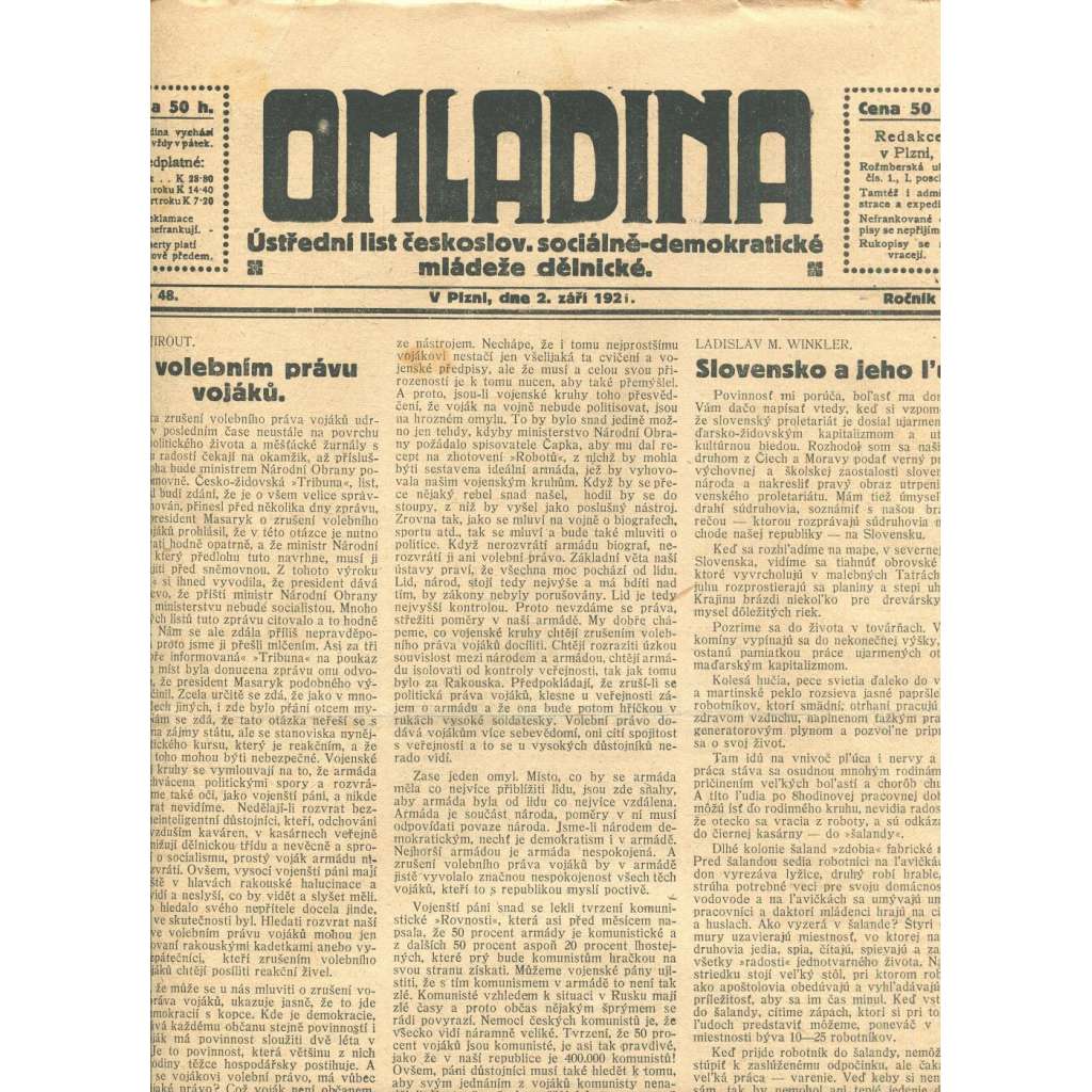 Omladina, ročník IV., číslo 48/1921. Ústřední list československé sociálně-demokratické mládeže dělnické (časopis, staré noviny)