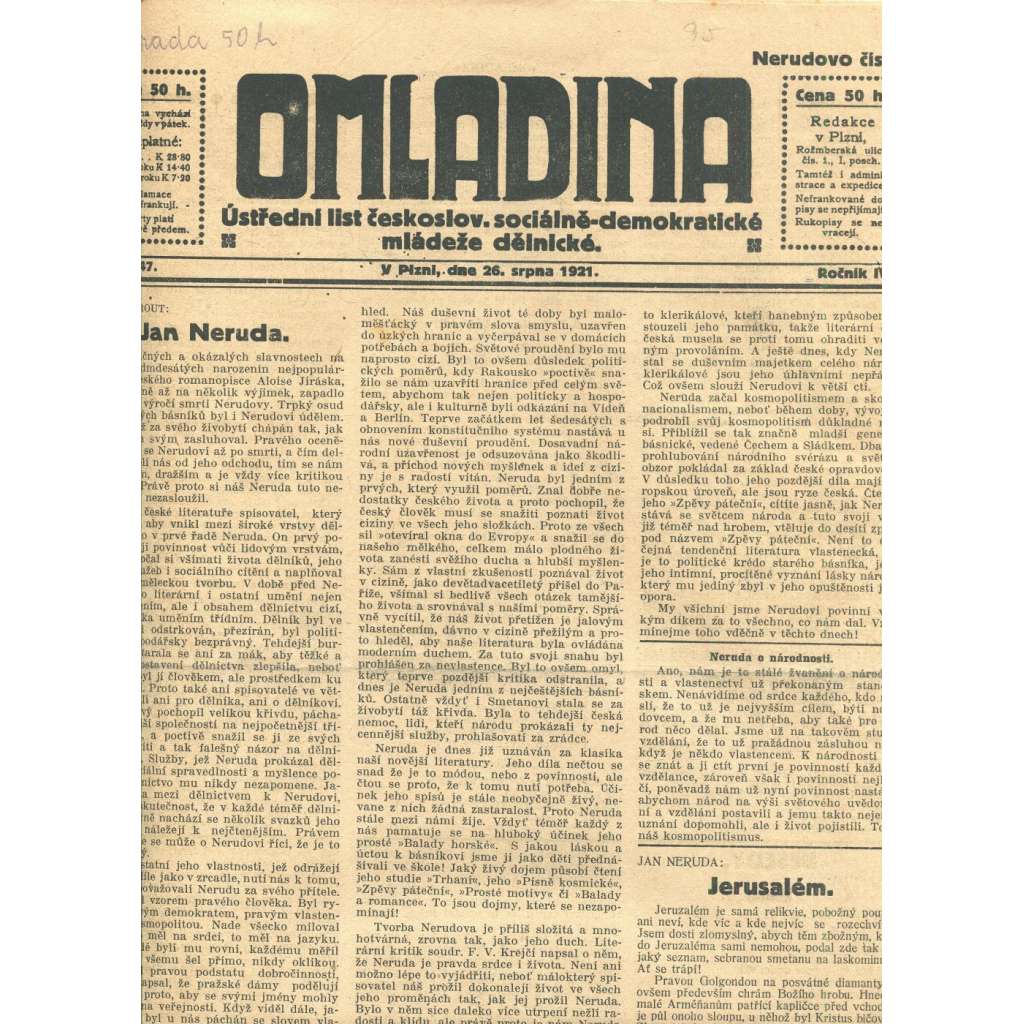 Omladina, ročník IV., číslo 47/1921. Ústřední list československé sociálně-demokratické mládeže dělnické (časopis, staré noviny)