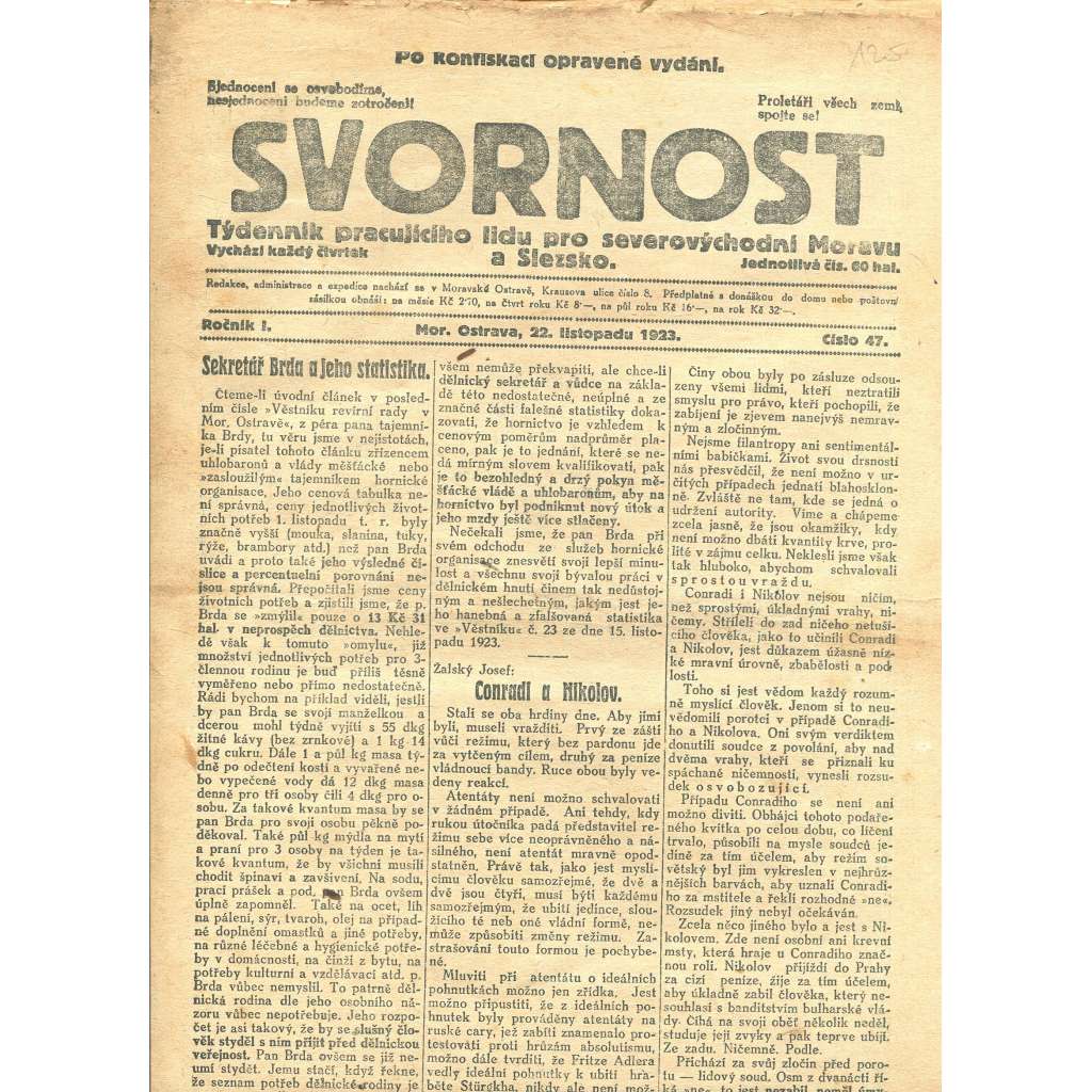 Svornost, ročník I., číslo 47/1923 (1. republika, noviny)