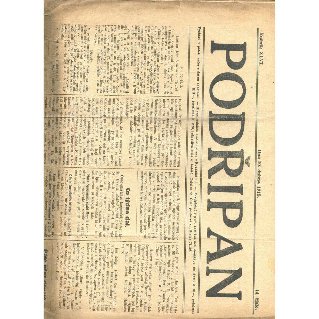 Podřipan, ročník XLVI, číslo 14/1915 (noviny)