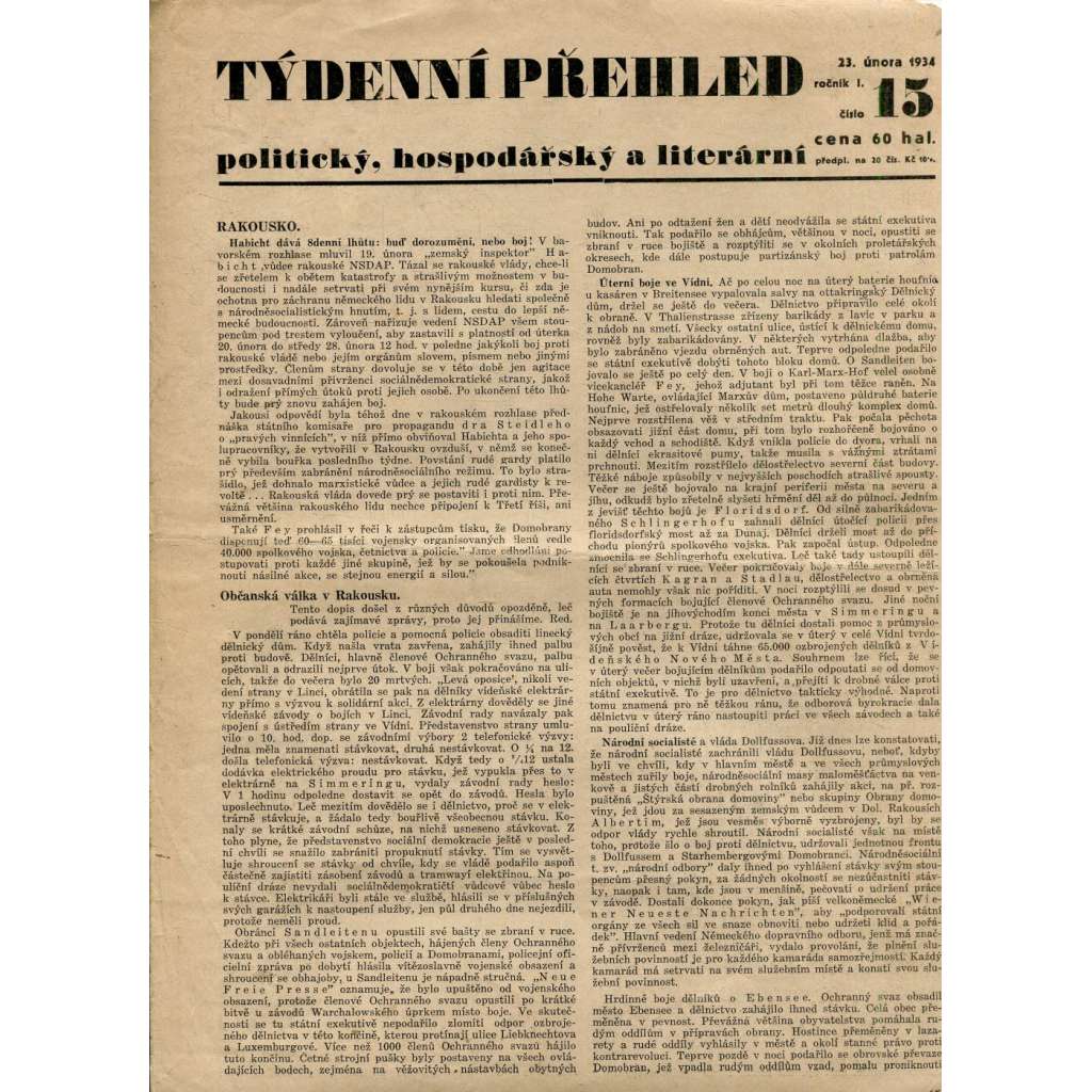 Týdenní přehled politický, hospodářský a literární, ročník I., číslo 15/1934 (1. republika, noviny)
