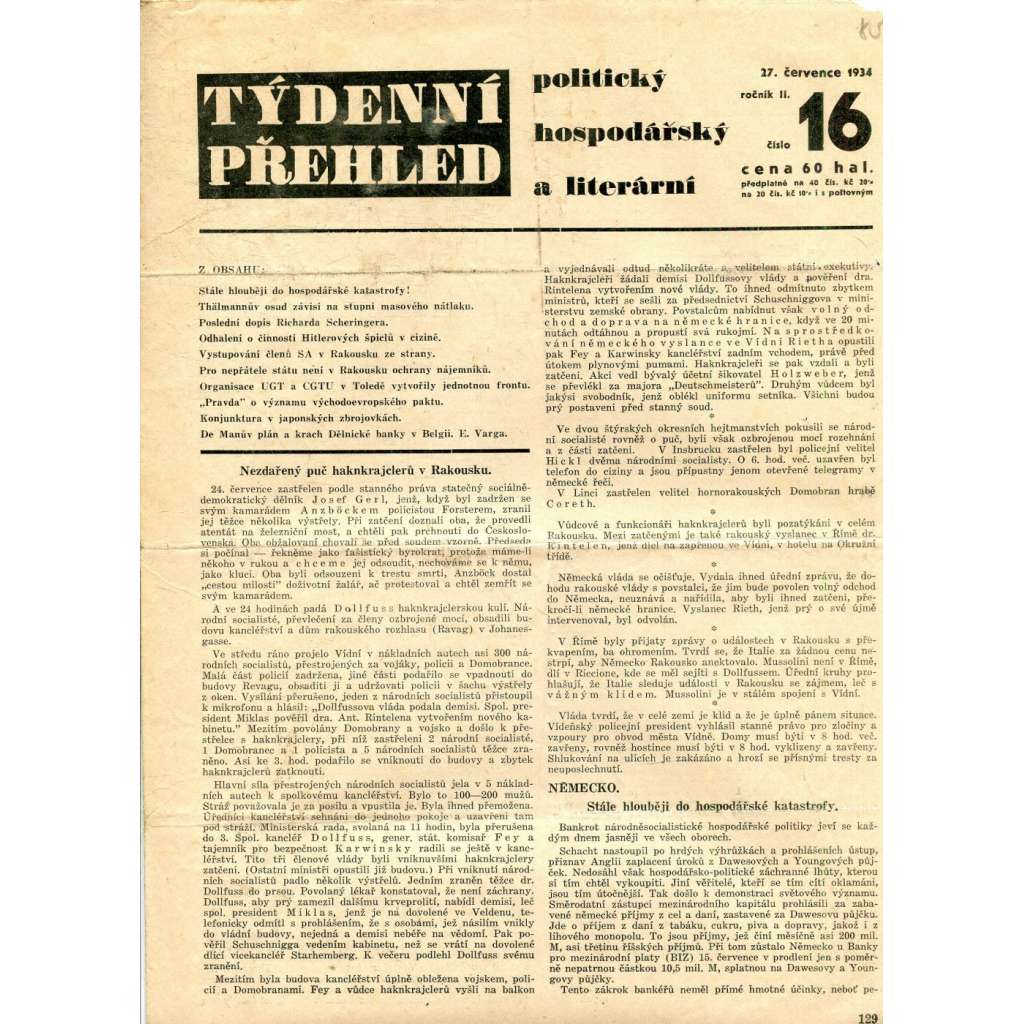 Týdenní přehled politický, hospodářský a literární, ročník II., číslo 16/1934 (1. republika, noviny)