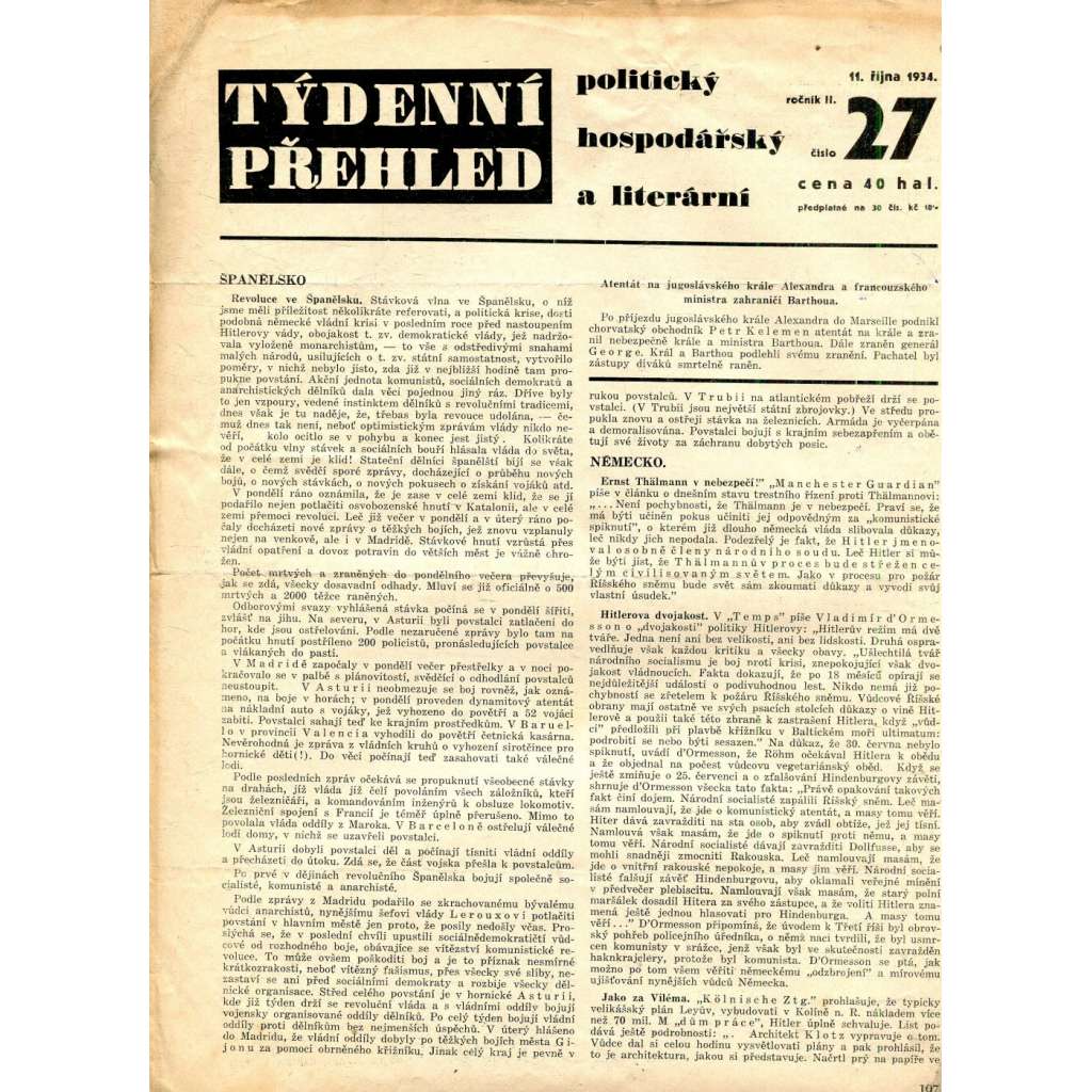 Týdenní přehled politický, hospodářský a literární, ročník II., číslo 27/1934 (1. republika, noviny)